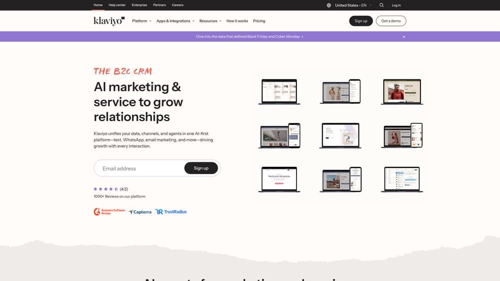 Screenshot of Klaviyo website homepage