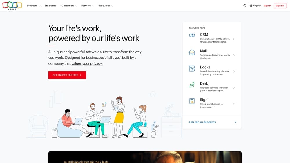 Screenshot of Zoho CRM website homepage