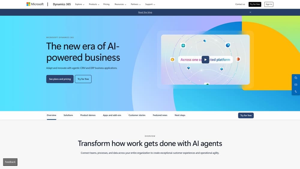 Screenshot of Microsoft Dynamics 365 website homepage
