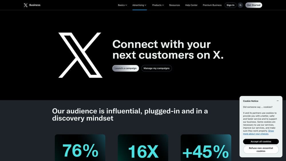 Screenshot of Twitter Ads website homepage