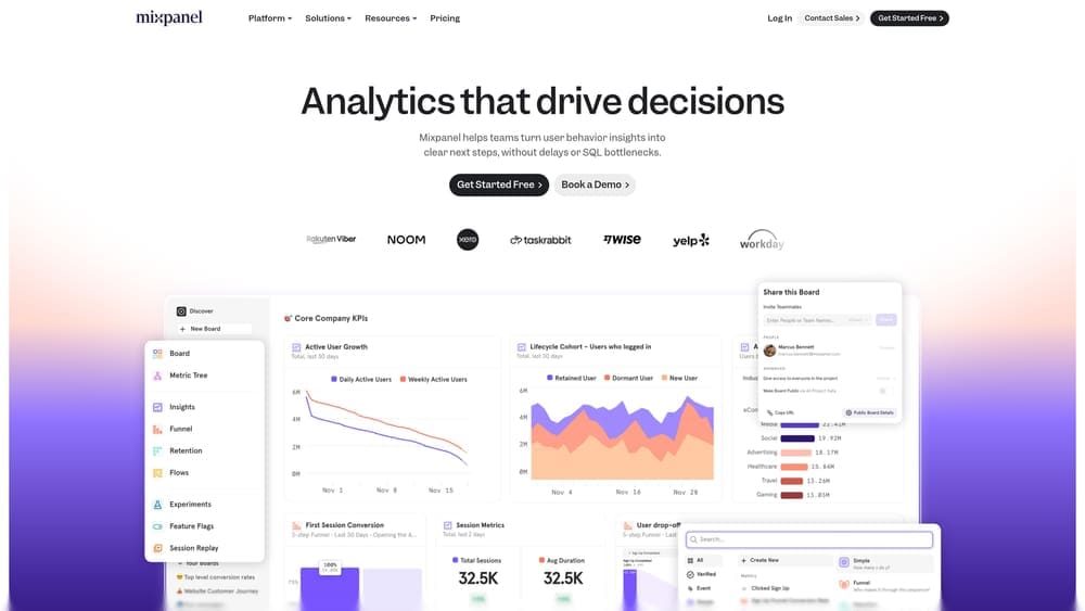 Screenshot of Mixpanel website homepage