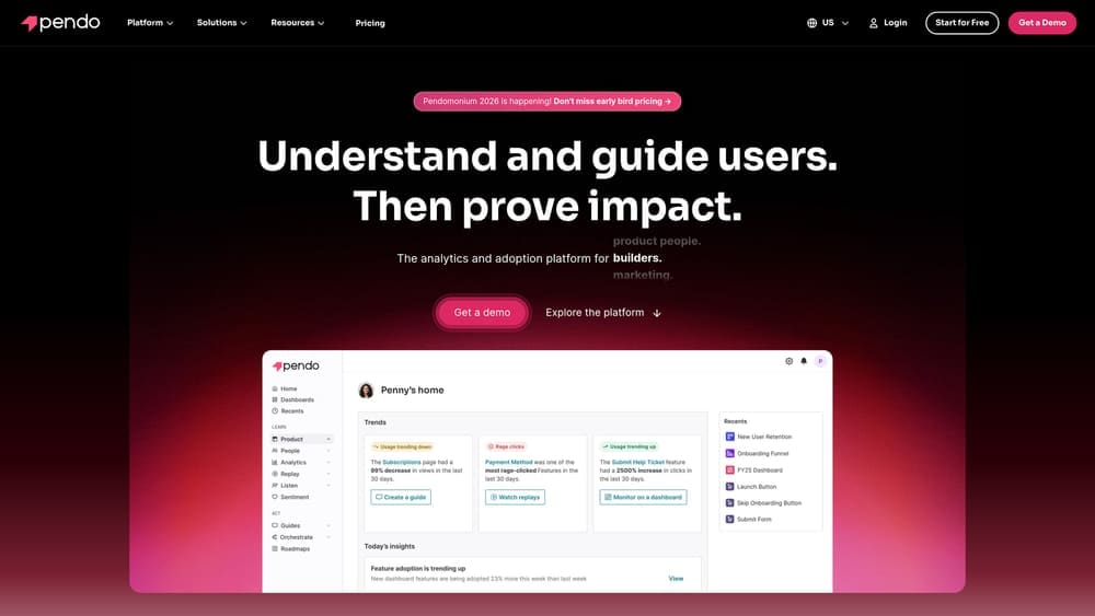 Screenshot of Pendo website homepage