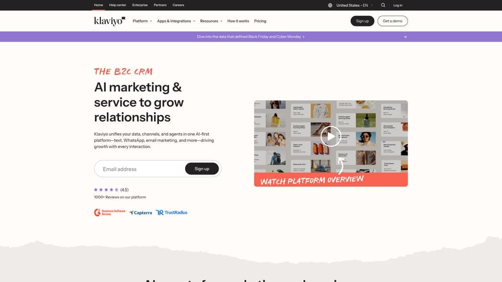 Screenshot of Klaviyo website homepage
