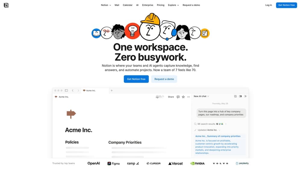 Screenshot of Notion website homepage