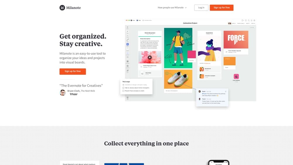 Screenshot of Milanote website homepage