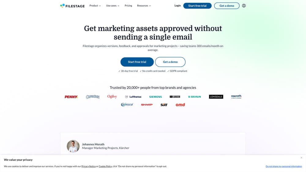 Screenshot of Filestage website homepage