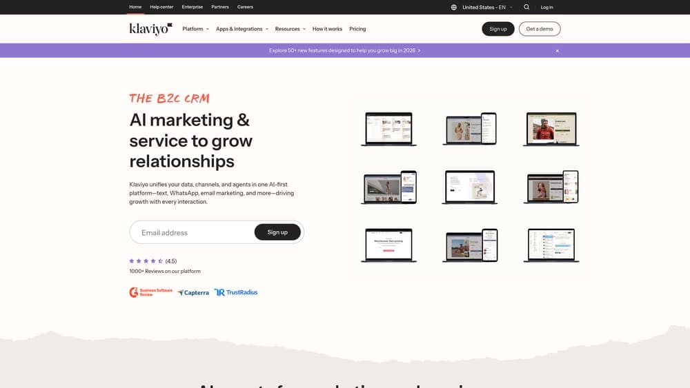 Screenshot of Klaviyo website homepage