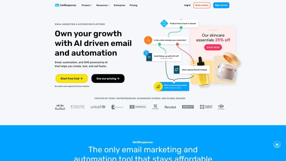 Screenshot of GetResponse website homepage