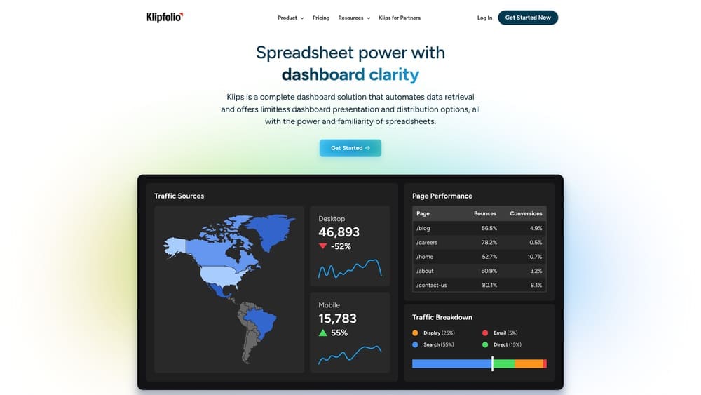 Screenshot of Klipfolio PowerMetrics website homepage