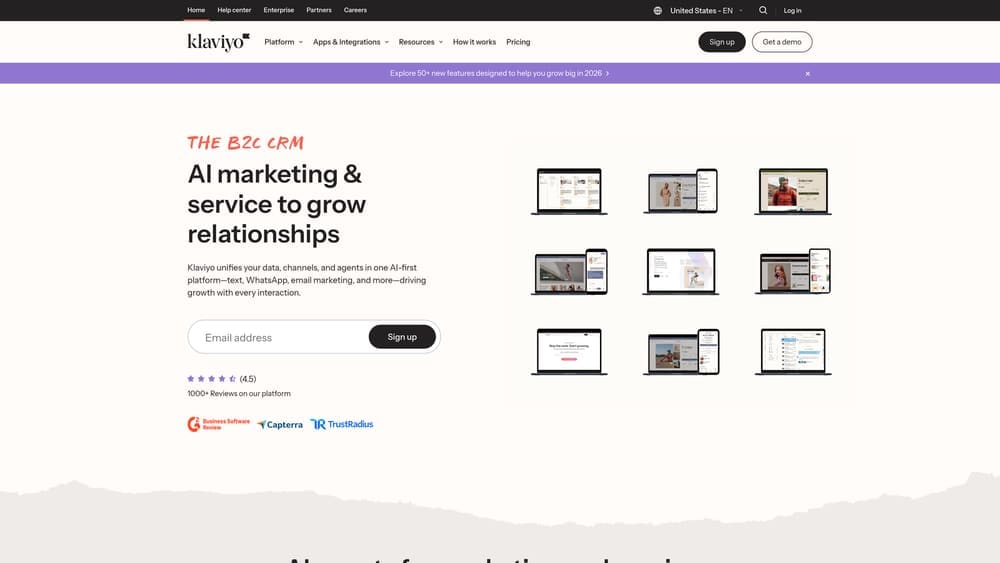 Screenshot of Klaviyo website homepage