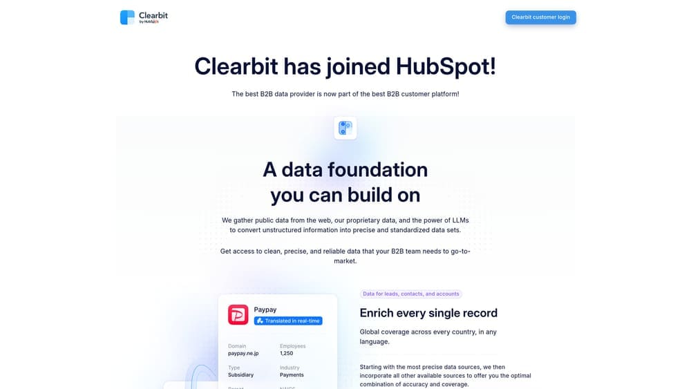 Screenshot of Clearbit website