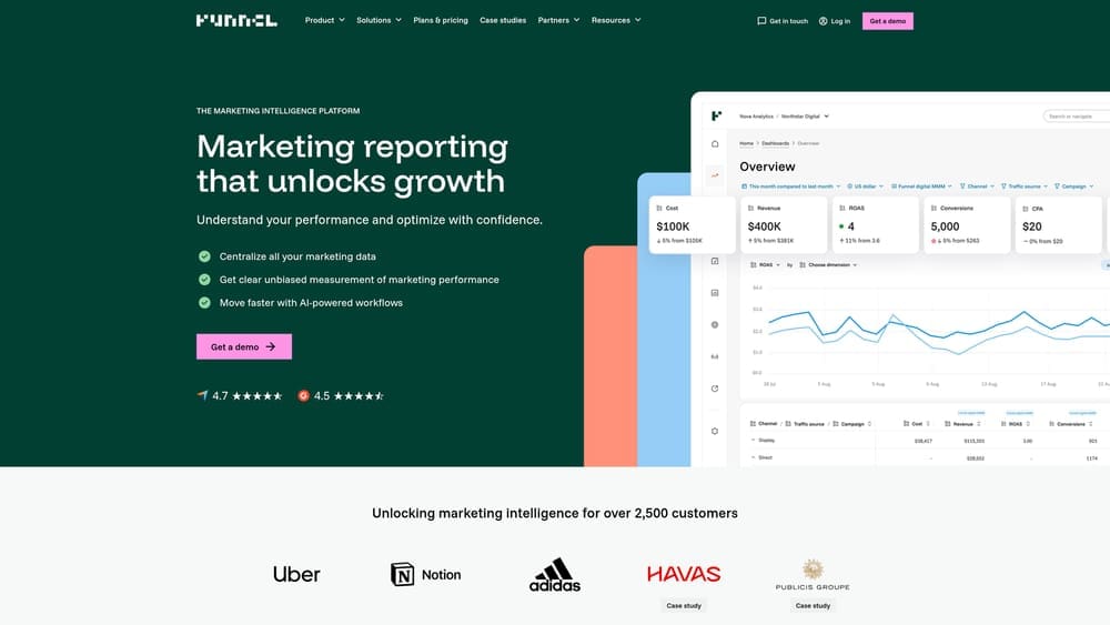 Screenshot of Funnel.io website